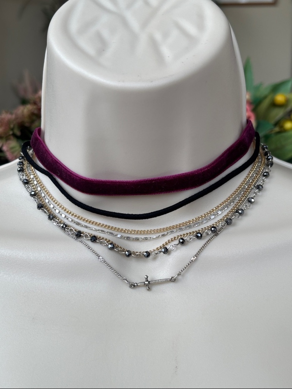 Brand New Free People Layered Velvet & Mixed Metal Chain Choker Necklace Sword